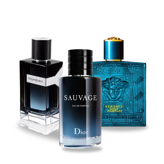 SET MIT 3 PARFÜMS: DIOR SAUVAGE, YVES SAINT LAURENT Y MEN, VERSACE EROS 100ML